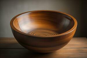 Empty wooden bowl on wooden background. Top view. Copy space. ai generative photo