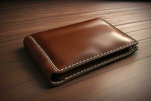 A leather wallet on a wooden background. ai generative photo