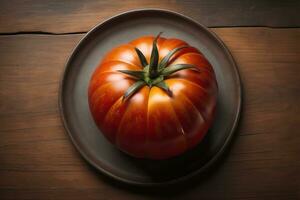 Fresh tomatoe on a wooden background. ai generative photo