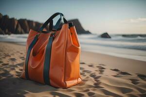 Leather handbag on the sand beach. Selective focus. ai generative photo