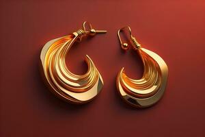 Earrings made of gold on a solid color background close up. ai generative photo