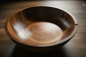 Empty wooden bowl on wooden background. Top view. Copy space. ai generative photo