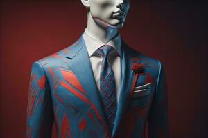 Stylish suits on mannequins on solid color background, closeup. ai generative photo