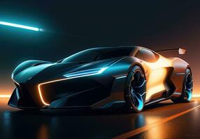 Futuristic black sports car in neon light. ai generative photo