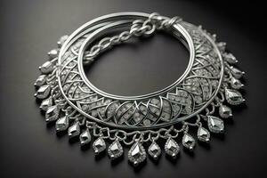 Silver necklace on a solid color background in close-up. ai generative photo