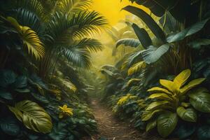 A pathway in tropical rainforest with palm trees and path in the mist. ai generative photo