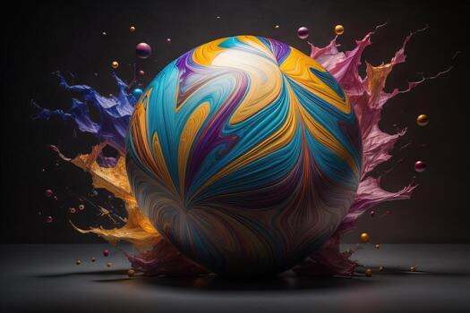 Colorful marble ball on a solid colour background. Close-up. ai generative photo