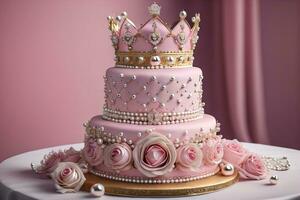 Wedding cake decorated with pink roses and gold crown on the table. ai generative photo