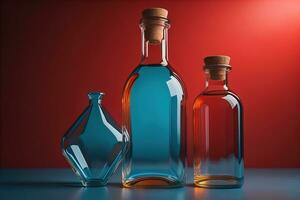 Bottle with a liquid on a solid color background. ai generative photo