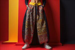 Young woman in traditional thai costume standing on the floor against solid color background. ai generative photo