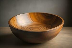 Empty wooden bowl on wooden background. Top view. Copy space. ai generative photo