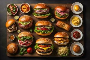 Hamburgers with french fries on wooden table, closeup. ai generative photo