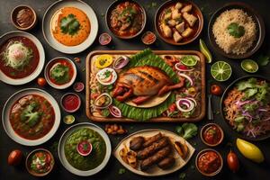 Top view of different indian dishes on dark background. Indian cuisine. ai generative photo