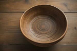 Empty wooden bowl on wooden background. Top view. Copy space. ai generative photo