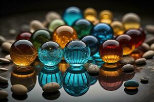 Colorful glass marbles on a the table. Selective focus. ai generative photo