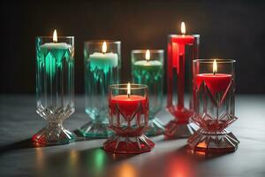 Burning candles in glasses on wooden table, closeup. Space for text. ai generative photo