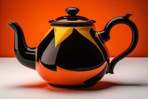 A ceramic teapot on a colid color background. ai generative photo