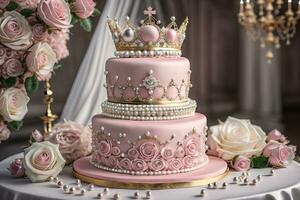 Wedding cake decorated with pink roses and gold crown on the table. ai generative photo