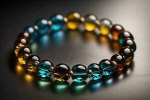 Bracelet with colorful stones on a black background close-up. ai generative photo