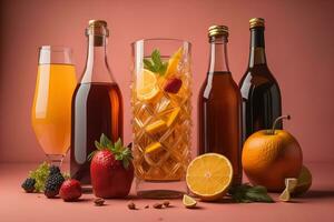 Glasses of sangria with fruits and berries on solid color background. ai generative photo