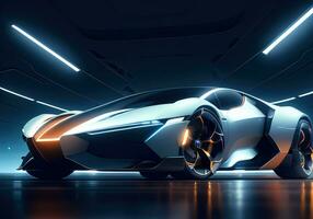 Futuristic black sports car in neon light. ai generative photo