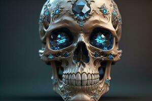 Skull with blue gemstones. ai generative photo