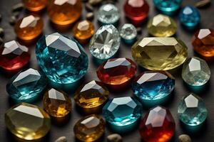 Colorful gemstones on black wooden table, close-up. ai generative photo