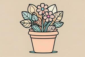 Illustration of a flowerpot with pink and blue flowers on a gray background. ai generative photo