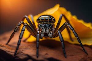 jumping spider closeup on solid color background, copyspace. ai generative photo