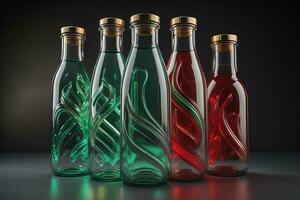 a row of glass bottles with colored liquid. ai generative photo