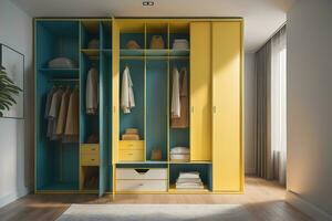 Wardrobe with clothes in the room. Toned image. ai generative photo