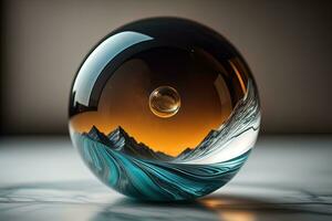 Transparent crystal ball on a wooden table. ai generative photo