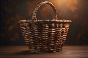 Empty wicker basket on a solid color background. ai generative photo