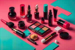 collection of make-up and cosmetic beauty products arranged on red background. ai generative photo