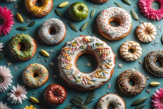 Variety of donuts on a solid color background. Top view. ai generative photo