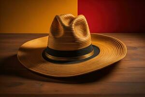 de moda sombrero en un sólido color antecedentes. ai generativo foto