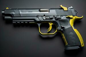 Semi-automatic handgun on a solid color background. Close-up. ai generative photo