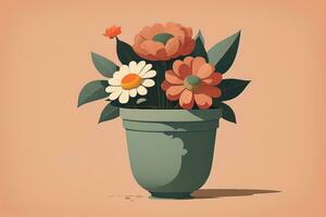 Flowerpot with daisies. Vector illustration in retro style. ai generative photo