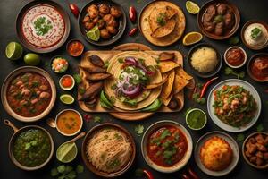 Top view of different indian dishes on dark background. Indian cuisine. ai generative photo