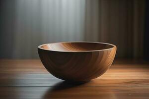 Empty wooden bowl on wooden background. Top view. Copy space. ai generative photo