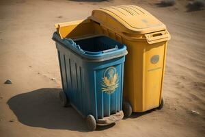 Garbage can on a colorful wall background, vintage color tone style. ai generative photo