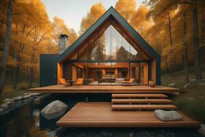 modern cozy chalet with pool and parking for sale or rent. Luxury house in the forest. ai generative photo