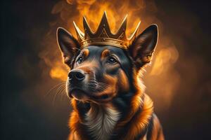 Portrait of a cute dog in a golden crown on a solid color background. ai generative photo