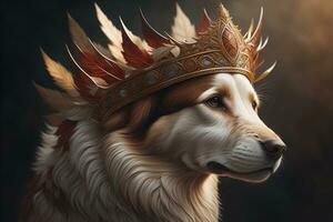 Portrait of a cute dog in a golden crown on a solid color background. ai generative photo