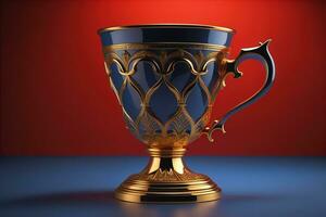 Golden trophy cup on wooden table. Award concept. ai generative photo