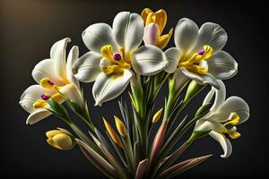 Bouquet of crocus and tulips on solid color background. ai generative photo