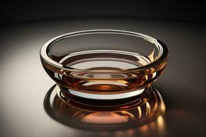 Empty glossy transparent ashtray on a dark background. ai generative photo