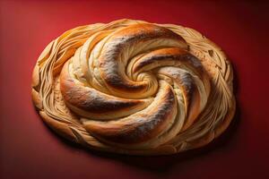Freshly baked sweet buns on a red background. Toned. ai generative photo