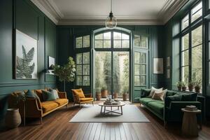 Interior of modern living room with green walls, wooden floor, green sofa and round coffee table. ai generative photo