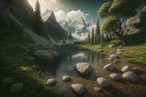 Beautiful fantasy landscape with a river in the mountains. ai generative photo